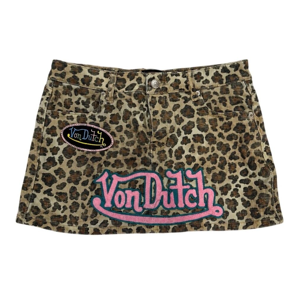Von Dutch Originals Leopard Print Y2K Mini Skirt Flying Eyeball Women Size S EUC